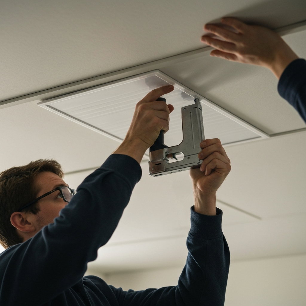 A person attaching a plastic ceiling panel to the ceiling using a staple gun. Another person is holding the panel in place. Good lighting, focus on the staple gun and panel.