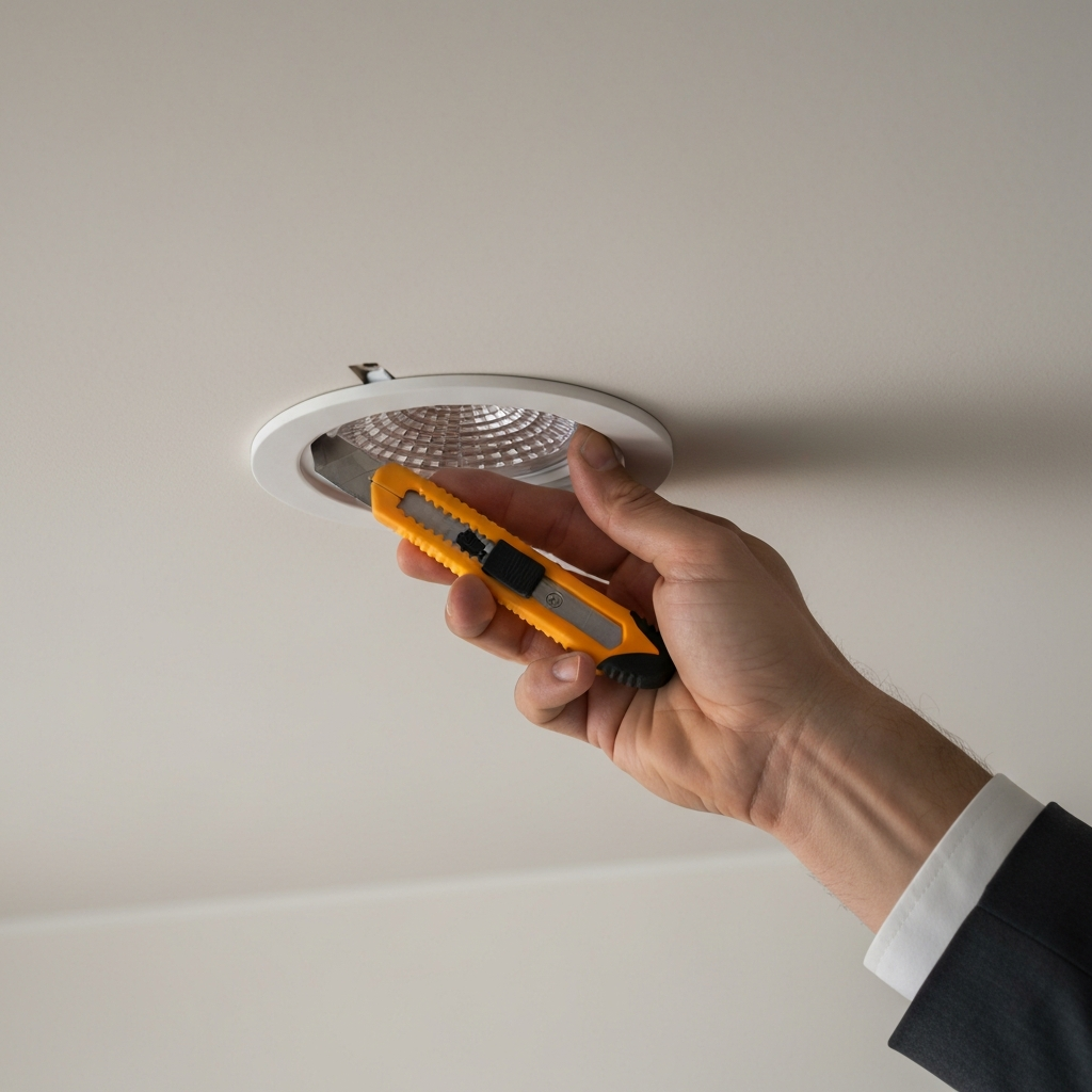 Close-up shot of a person carefully using a utility knife to trim a plastic ceiling panel around a recessed light fixture. Detail of the hand and the fixture.