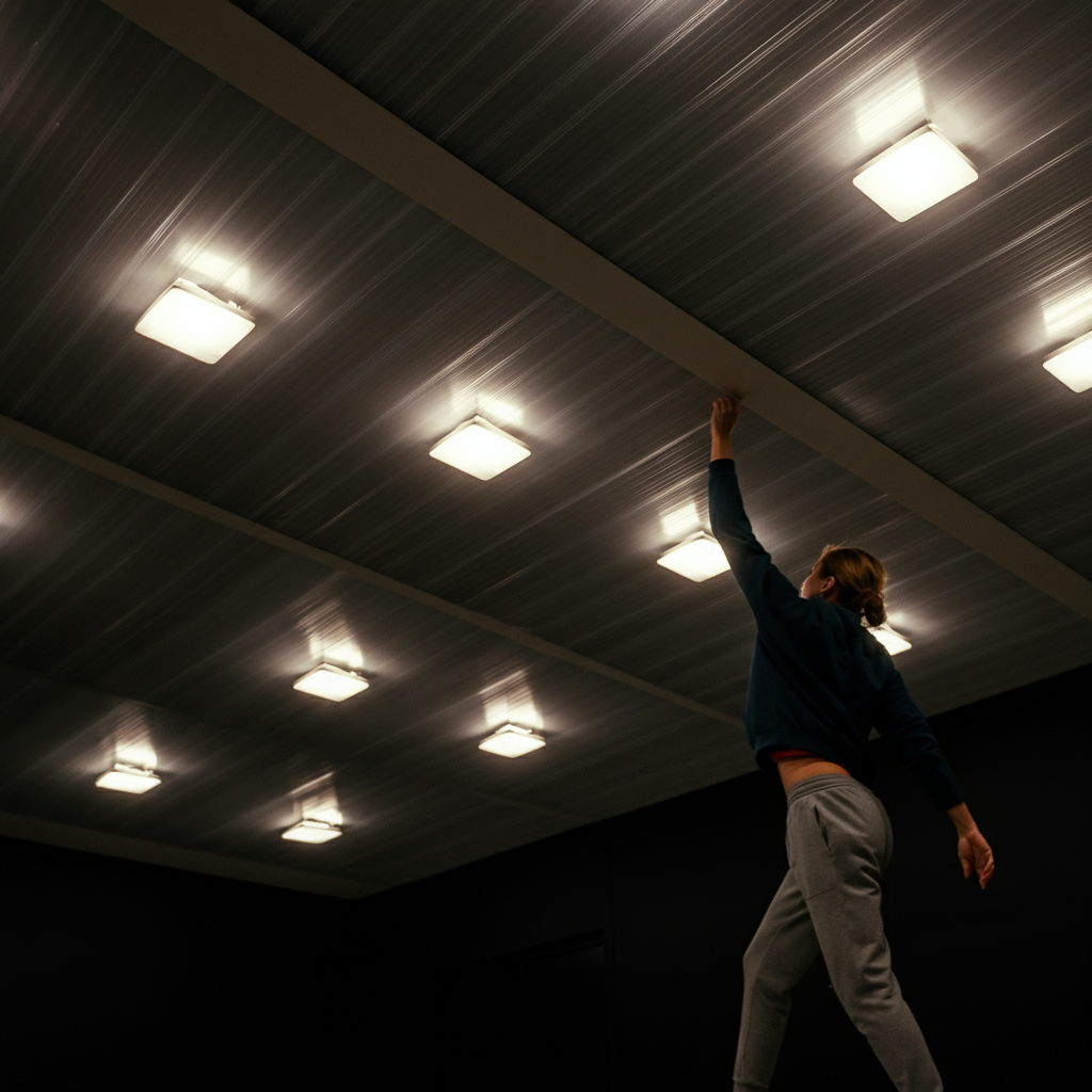 A newly installed plastic ceiling with recessed lighting. Soft, diffused light highlighting the smooth surface of the panels.