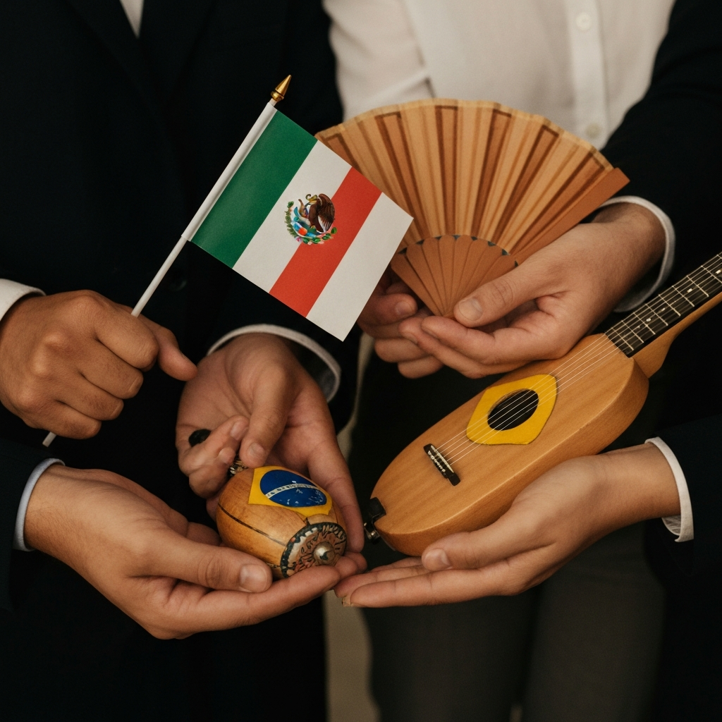 Close-up shot of a diverse group of hands holding cultural objects like a small Mexican flag, a Spanish fan, and a Brazilian musical instrument. The lighting is soft and warm, emphasizing the textures of the objects and the different skin tones.