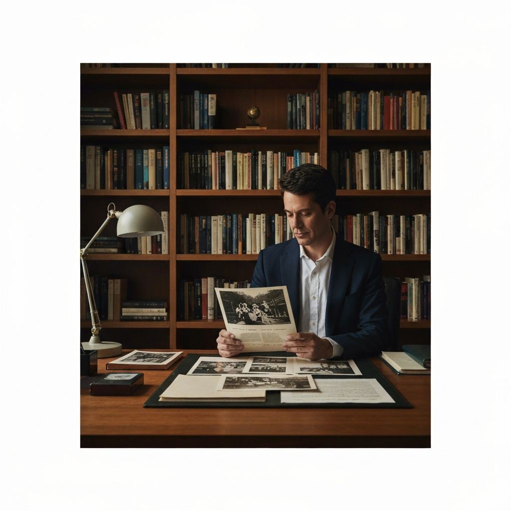 A warmly lit study with bookshelves in the background. A person sits at a desk, carefully examining old photographs and documents related to the history of Hispanic Heritage Month. Soft bokeh in the background adds depth.