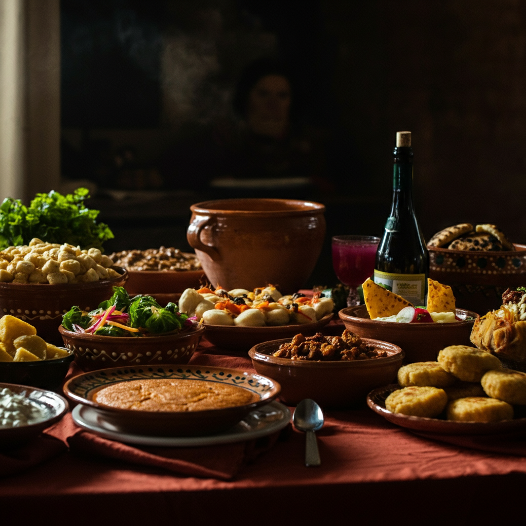 A brightly decorated table laden with traditional foods from various Hispanic and Latin American countries, such as tamales, empanadas, and arepas. The scene is side-lit, highlighting the vibrant colors and textures of the dishes.