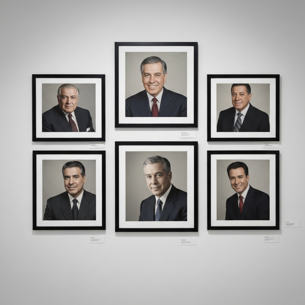 A gallery wall featuring portraits of famous Hispanic figures throughout history, displayed in a clean, modern setting. Each portrait is carefully lit to showcase the individual's personality and accomplishments.