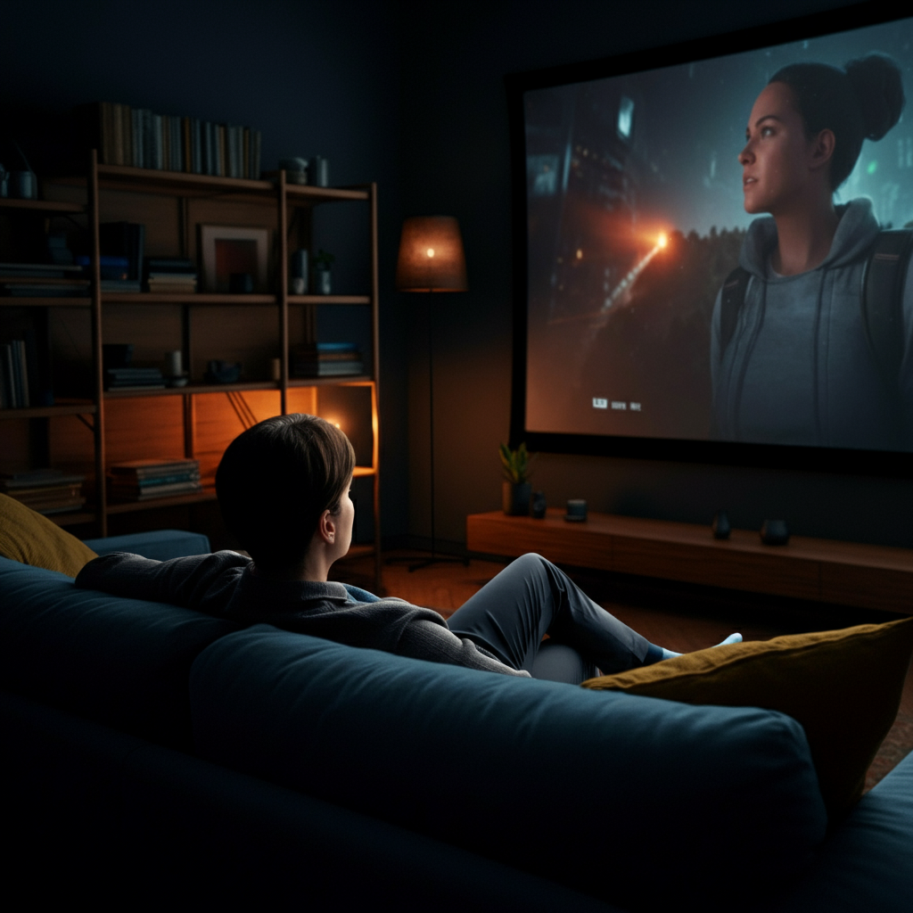 A cozy living room with a person comfortably seated on a sofa, watching a movie on a large screen. The room is dimly lit, with the light from the screen illuminating the person's face. The focus is on the viewer's engaged expression.