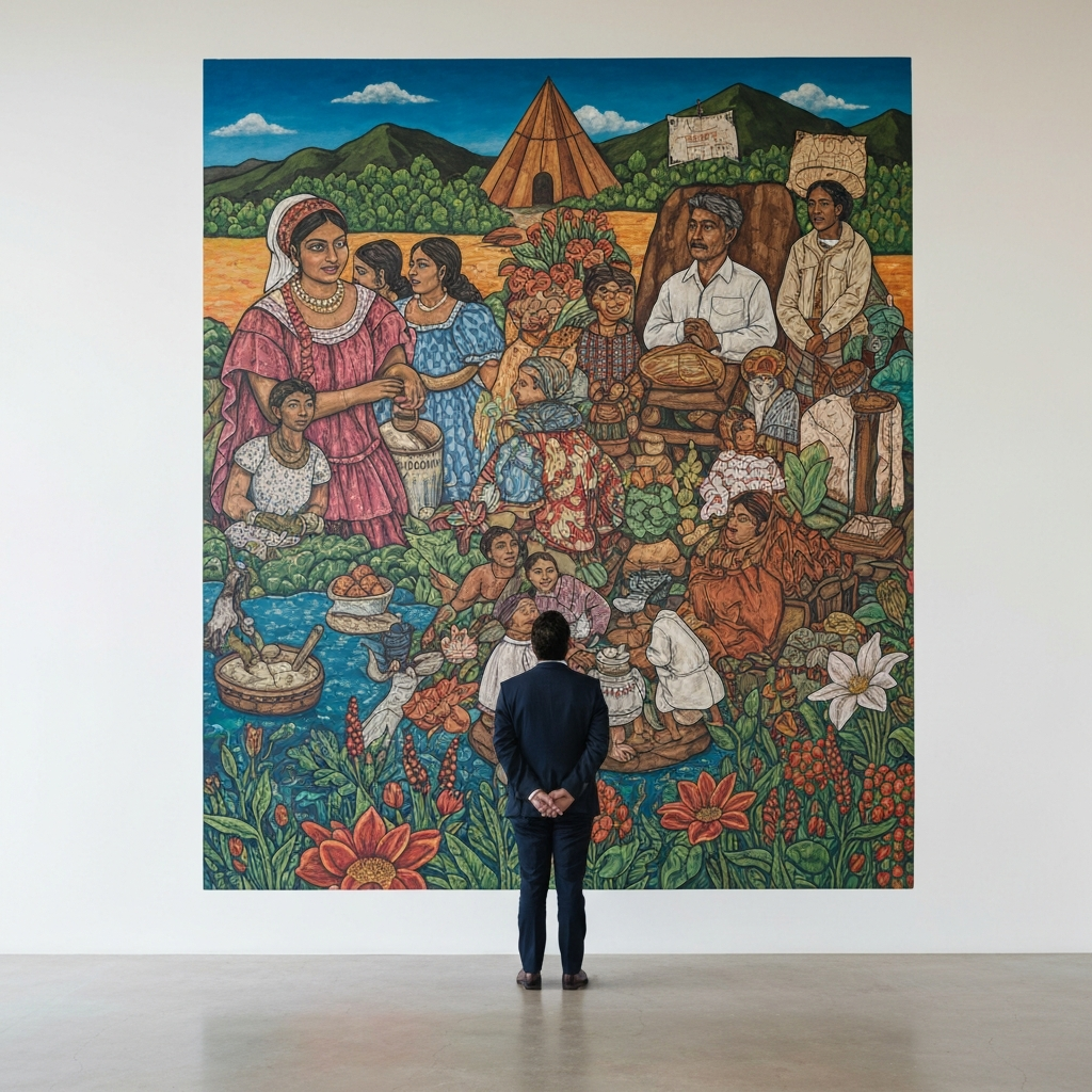 A person standing in front of a vibrant mural created by a Hispanic artist. The mural is full of color and depicts scenes from Hispanic culture and history. The person is looking at the mural with admiration and curiosity.