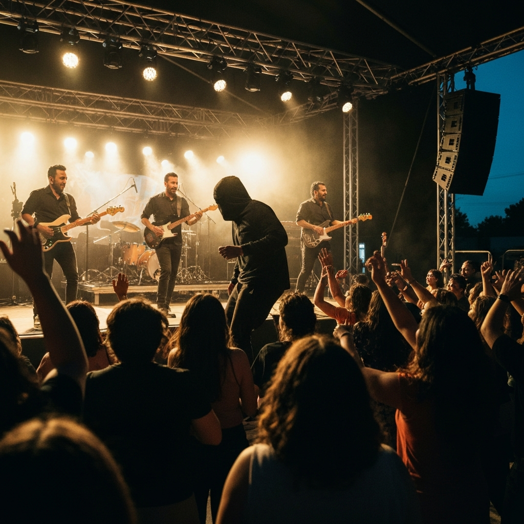 A lively concert scene featuring a Hispanic band performing on stage. The stage is brightly lit, and the audience is cheering and dancing. The scene captures the energy and excitement of a live music performance.