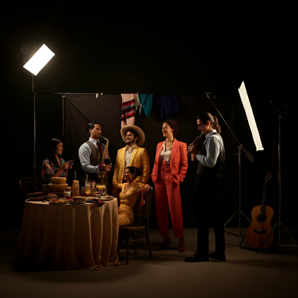 A diverse group of people gathered at a Hispanic Heritage Month festival. The scene is filled with vibrant colors, music, and food. People are laughing, talking, and enjoying the festivities.