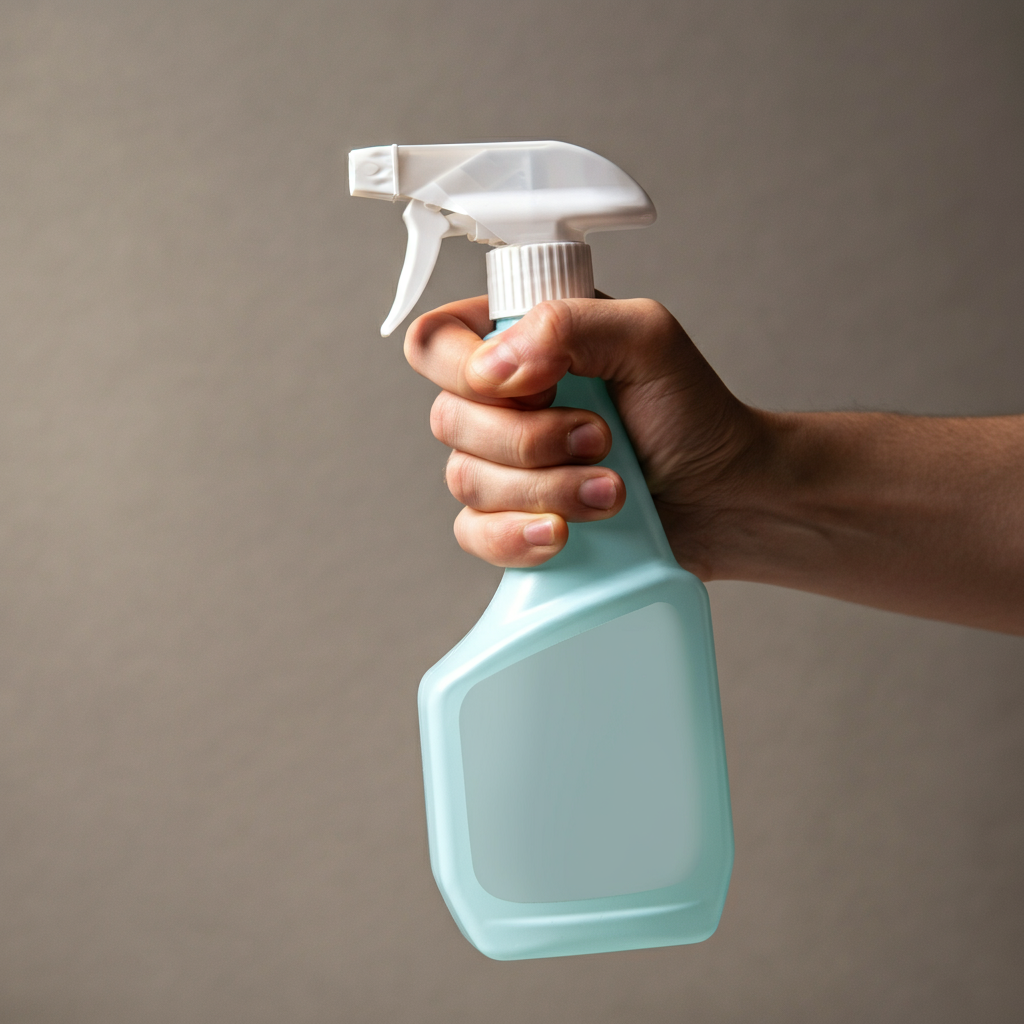 Close up of a hand gripping a cleaning spray bottle, but then slowly relaxing the grip and pulling away. Soft focus on the bottle. Neutral lighting.
