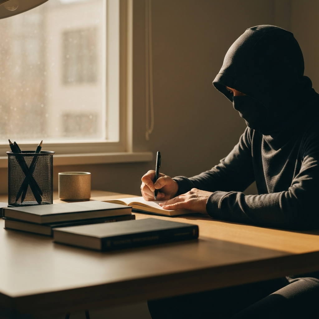 A person sits at a desk, journaling in a notebook. The desk is tidy but lived-in, with a few books and a pen holder. Natural light illuminates the scene.