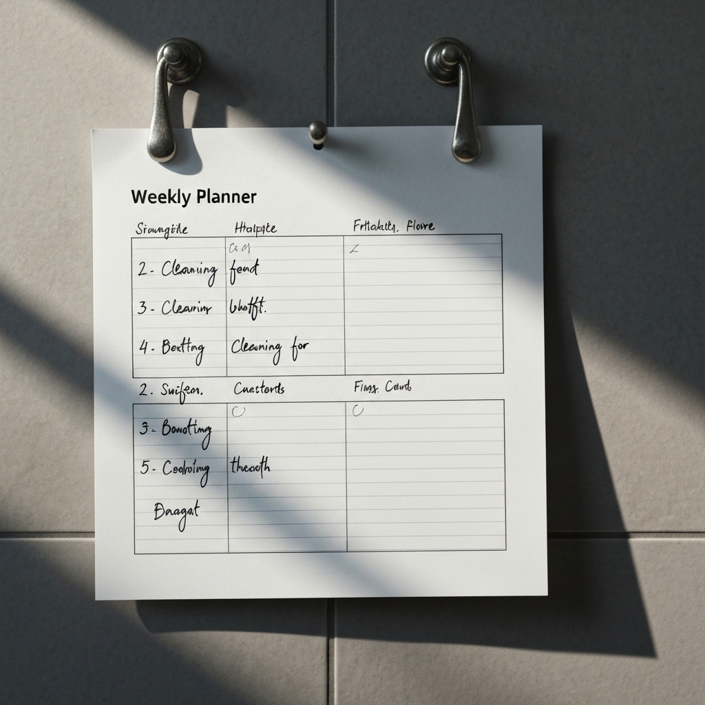 A weekly planner hangs on a kitchen wall, with handwritten notes scheduling cleaning tasks for different days. Soft side-lighting emphasizes the texture of the paper.