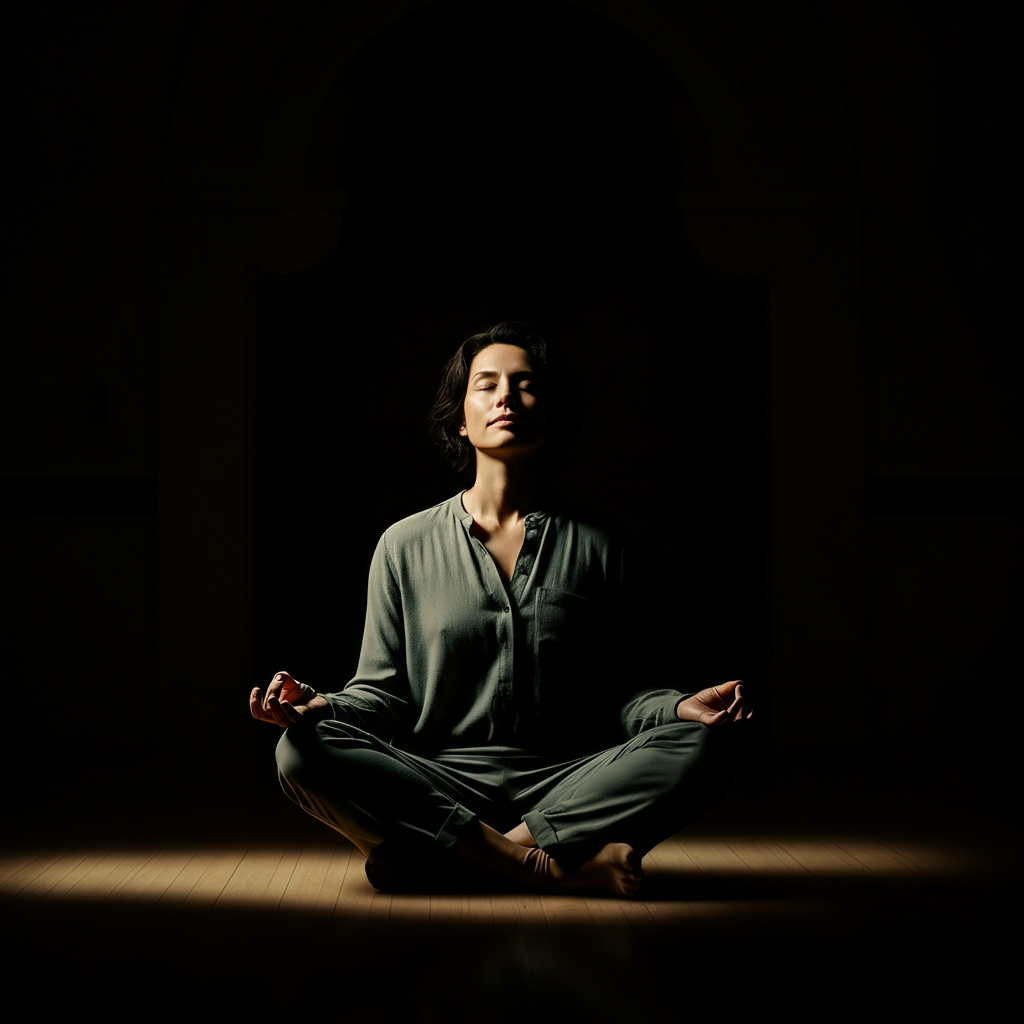 A person sits in a quiet room, meditating with their eyes closed. Soft, diffused light fills the space, creating a sense of serenity.