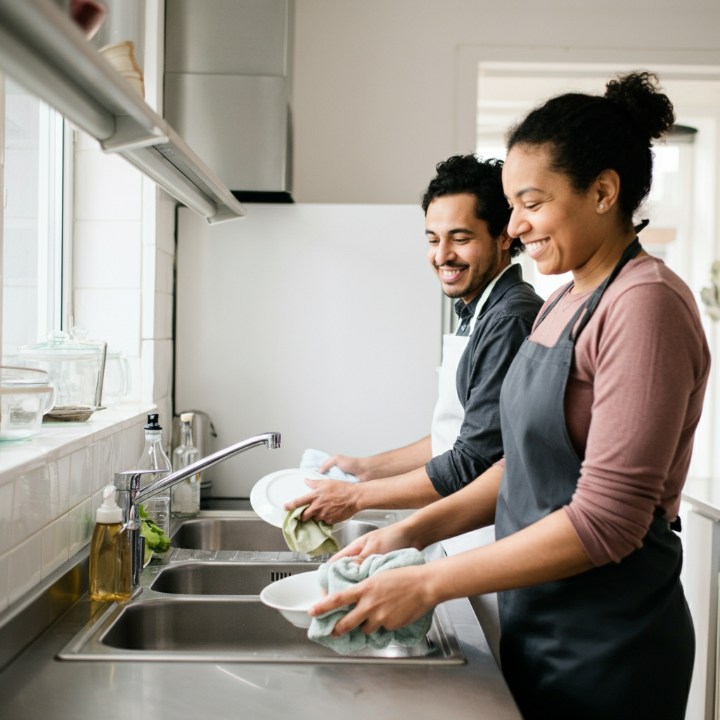 Two people in a kitchen, one washing dishes and the other drying. They are smiling and interacting amicably. The kitchen is clean and well-lit.