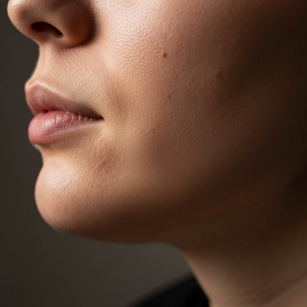Close-up shot of a person's chin, side-lit to accentuate the texture of chin dimples. Soft focus on the background to keep the focus on the skin.