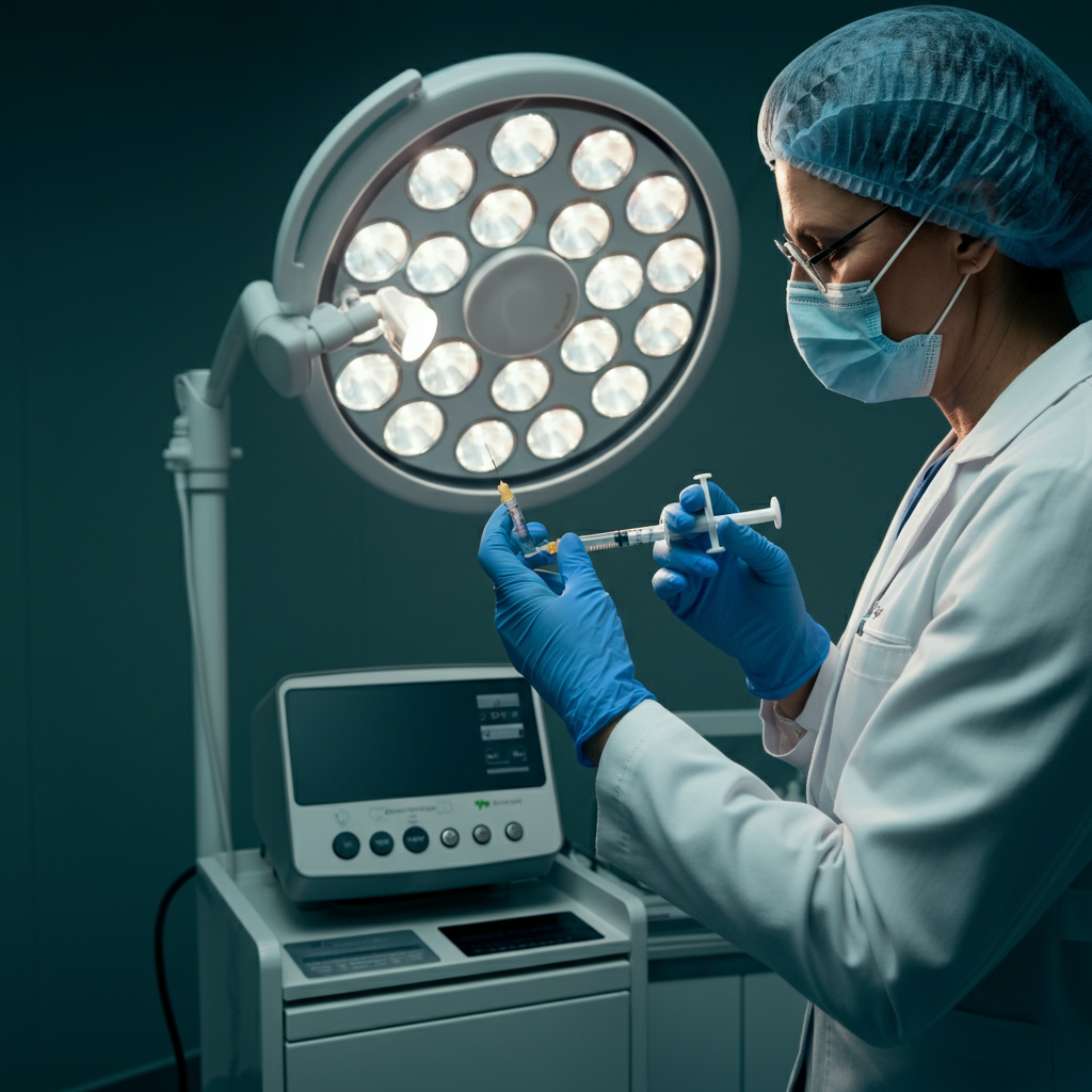 A dermatologist in a clinical setting, preparing a Botox injection. The focus is on the sterile environment and professional demeanor.