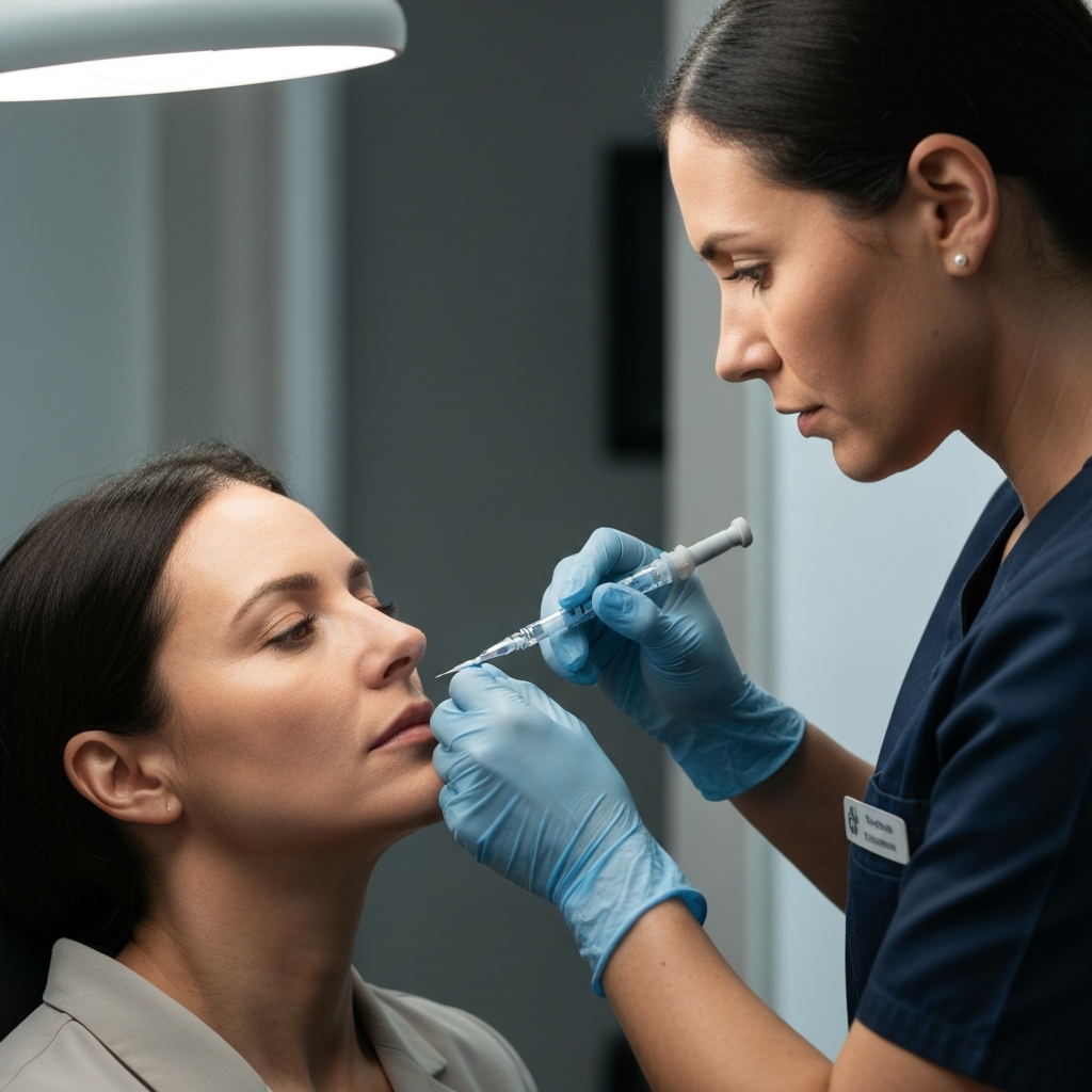 A nurse practitioner carefully injecting dermal filler into a patient's chin. Soft, diffused lighting to create a comfortable atmosphere.