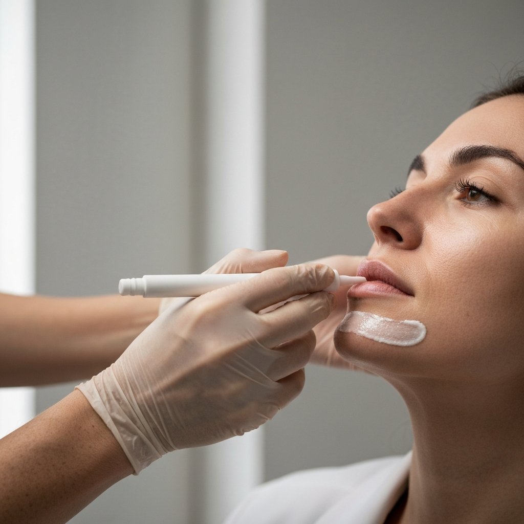 A close-up of a hand administering a chemical peel to a patient's chin, with the patient's face partially visible. The lighting is diffused and even to showcase the product application.