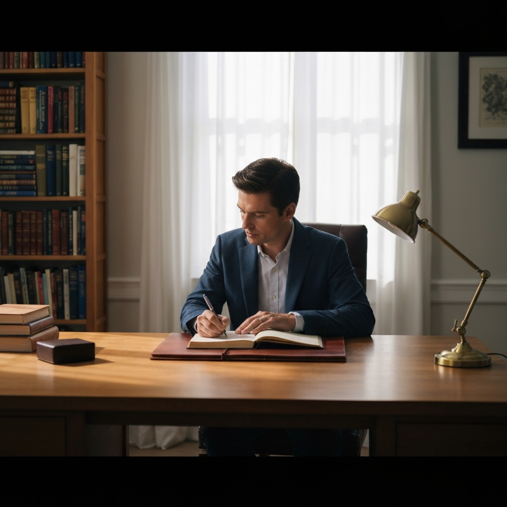 A brightly lit study with a person sitting at a wooden desk, writing in a leather-bound journal. The room has soft, diffused light and a bookshelf filled with classic literature in the background.