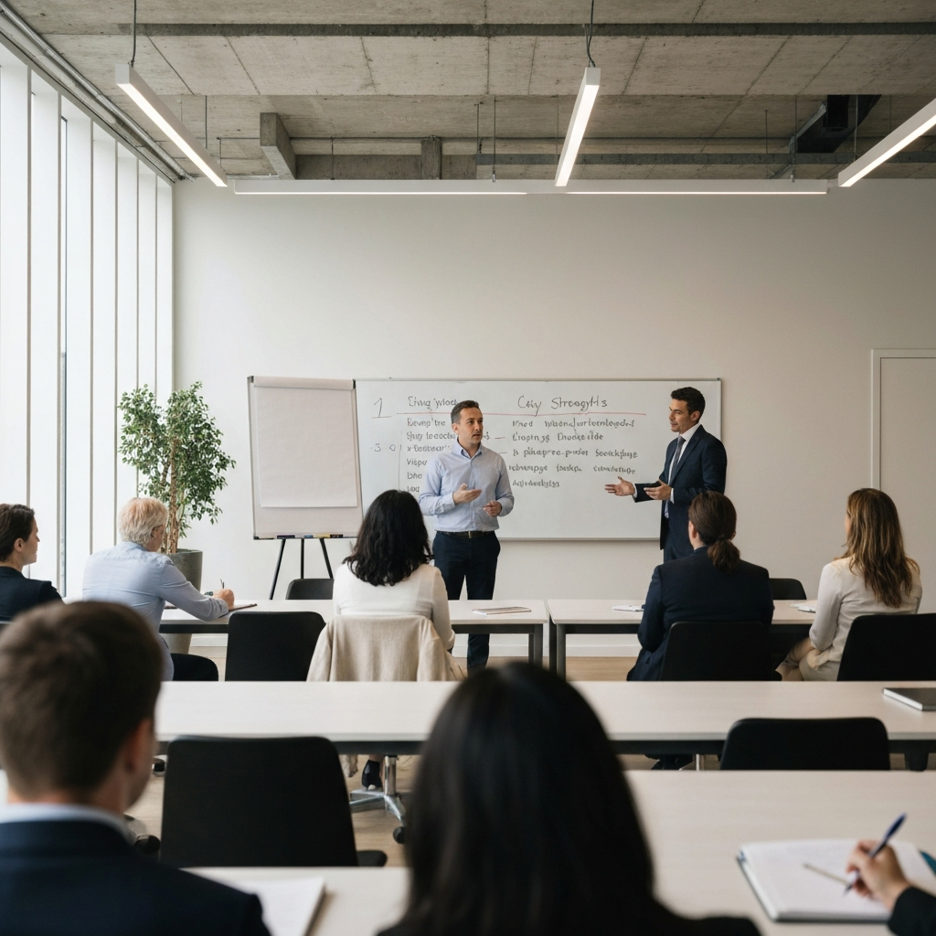 A well-lit office. A person is giving a presentation, highlighting key strengths and weaknesses on a whiteboard. The audience is engaged and taking notes.
