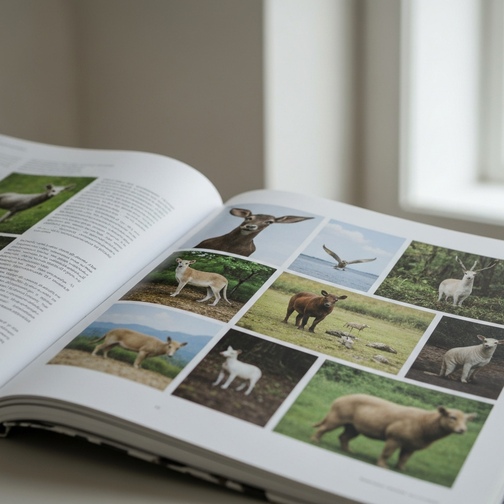 A close-up shot of an open nature documentary book, showing detailed images of various animals and their habitats. The lighting is soft and natural.