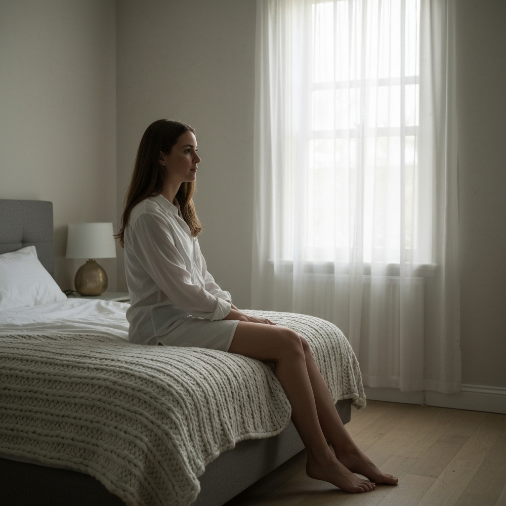 Soft-lit bedroom with a neutral color palette. A woman sits on the edge of the bed, fully clothed, looking thoughtful. Focus on the texture of the knitted blanket and the diffused light filtering through the window.