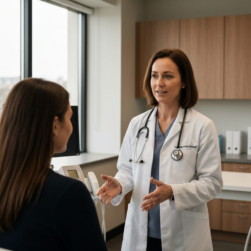 A medical office with a female doctor, professionally dressed in a lab coat, speaking empathetically with a female patient. Focus on the warm lighting and the details of the medical equipment in the background.