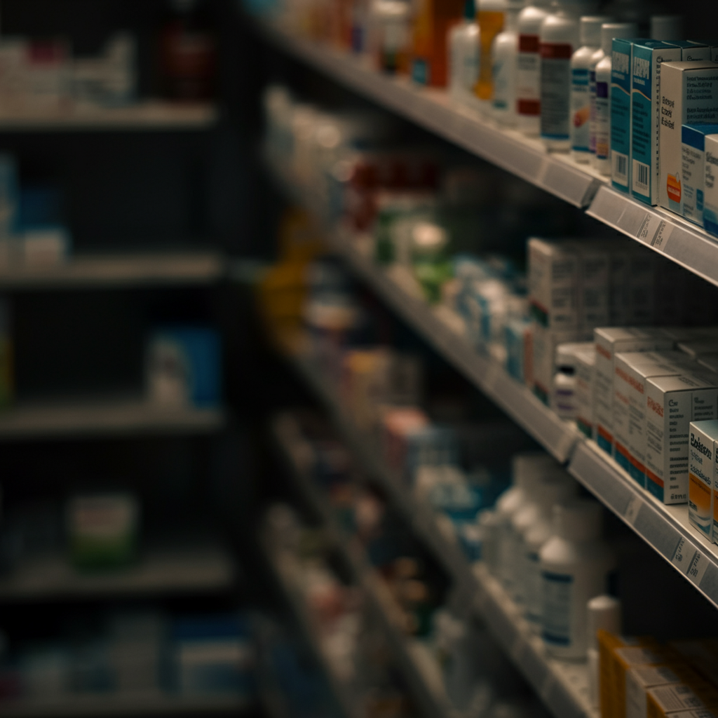 A pharmacy shelf with various over-the-counter medications and personal hygiene products. Soft focus on the background to emphasize the array of choices.