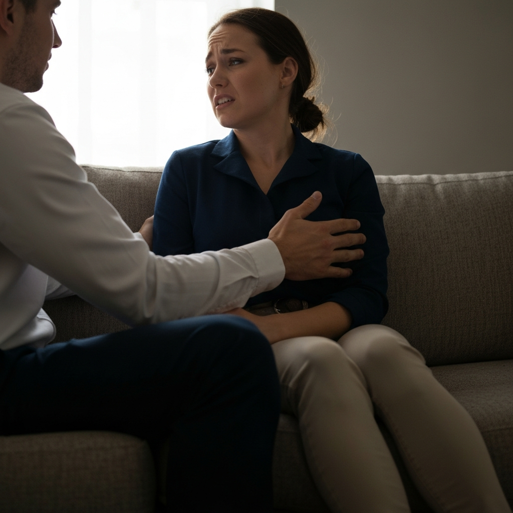 A couple sitting on a sofa. The woman is subtly recoiling from the man's touch, with a slightly uncomfortable expression on her face. Focus on the texture of the sofa and the natural light filtering through the window.