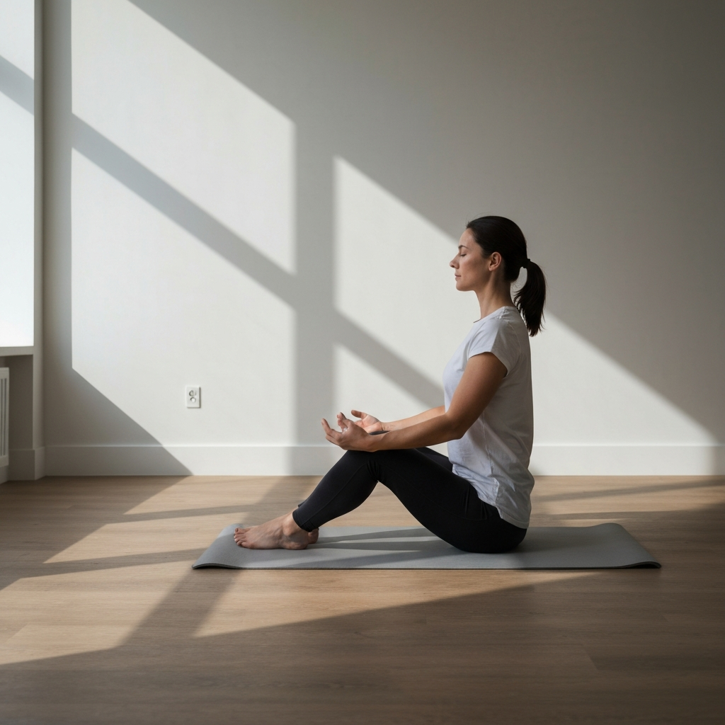 A woman sitting in a quiet room, practicing deep breathing exercises. Focus on her relaxed posture and the calming ambiance of the room with soft, natural light.