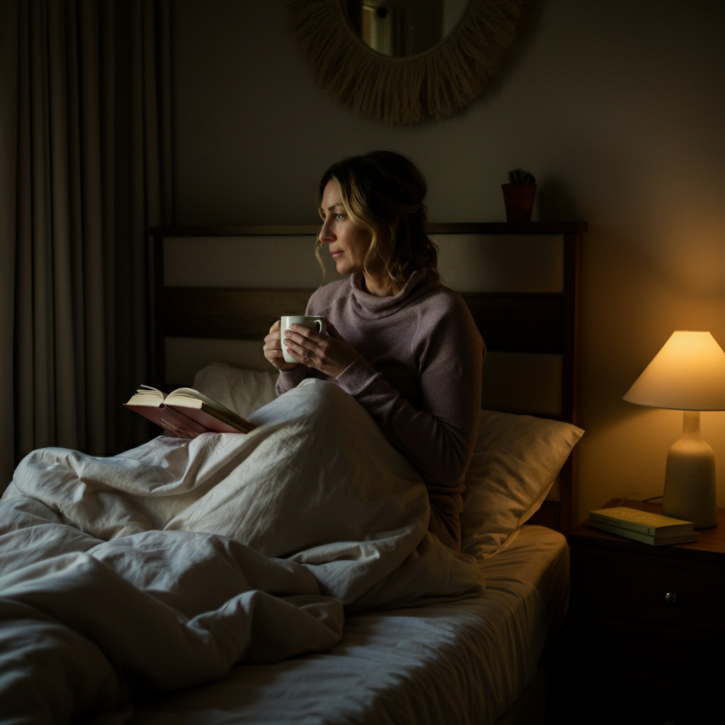A woman resting in bed with a cup of tea and a book. Soft, warm lighting and focus on the cozy atmosphere of the bedroom.