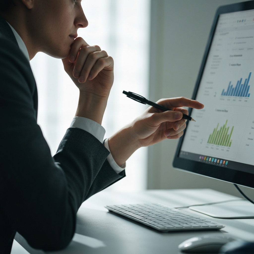 A person sitting at a desk, illuminated by soft natural light, thoughtfully selecting an answer on a computer quiz. Close-up shot focusing on the monitor and their hand with subtle textures of skin and fabric visible.