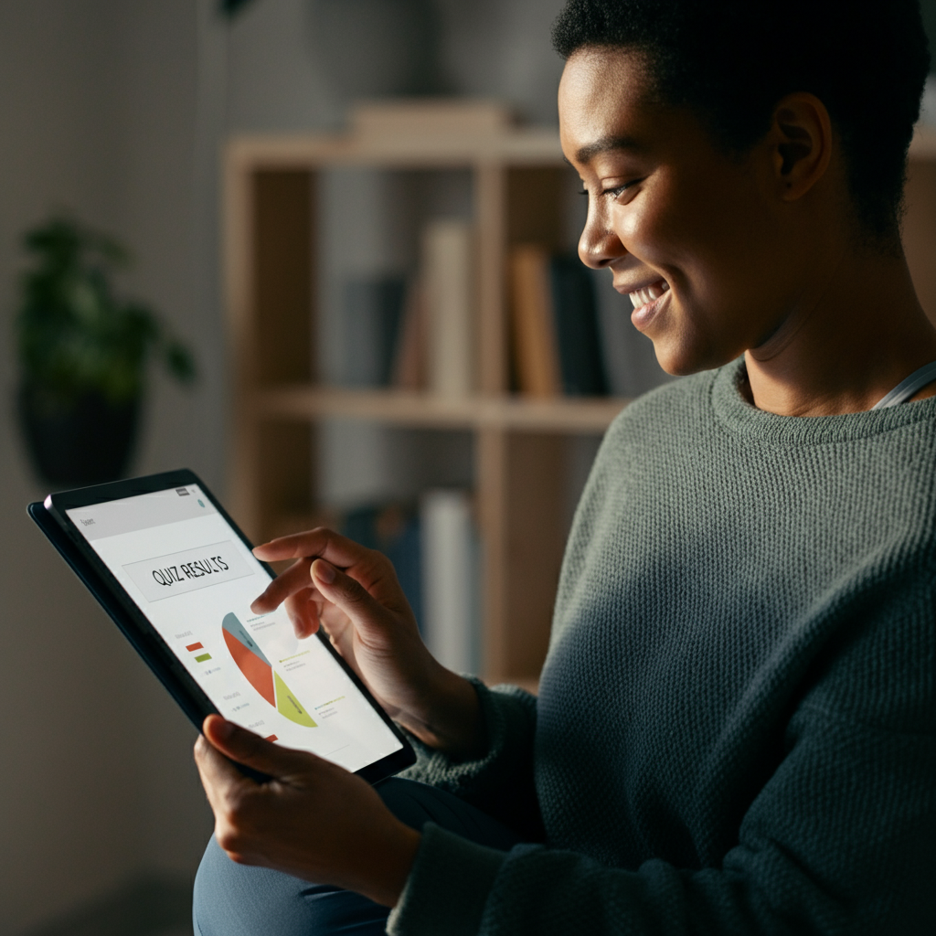 A person smiling and looking at quiz results on a tablet. Golden hour lighting streaming in from a nearby window illuminates the screen. The background includes a blurred bookshelf and potted plant.