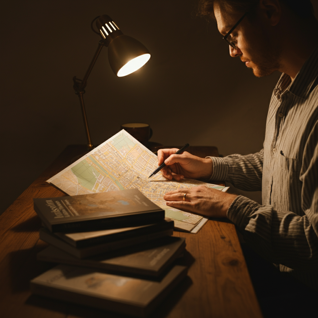 A traveler sits at a wooden desk, illuminated by a warm lamp, meticulously reviewing a detailed map of a European city. Several guidebooks and a laptop are open beside the map, softly blurred in the background. The scene has a vintage feel with warm tones.