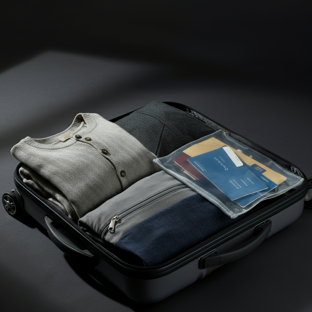 A neatly packed suitcase, seen from a slightly high angle, showing folded clothing, a small toiletry bag, and travel documents organized in a clear plastic pouch. Soft, diffused light highlights the textures of the fabric.