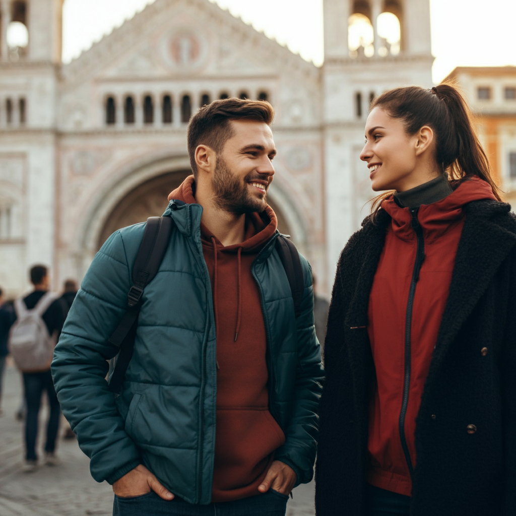 Two friends, dressed in casual travel attire, stand in front of a historical landmark with smiling faces. The background has soft bokeh, blurring the crowd to focus on the connection between the friends. The scene has natural lighting during the daytime.