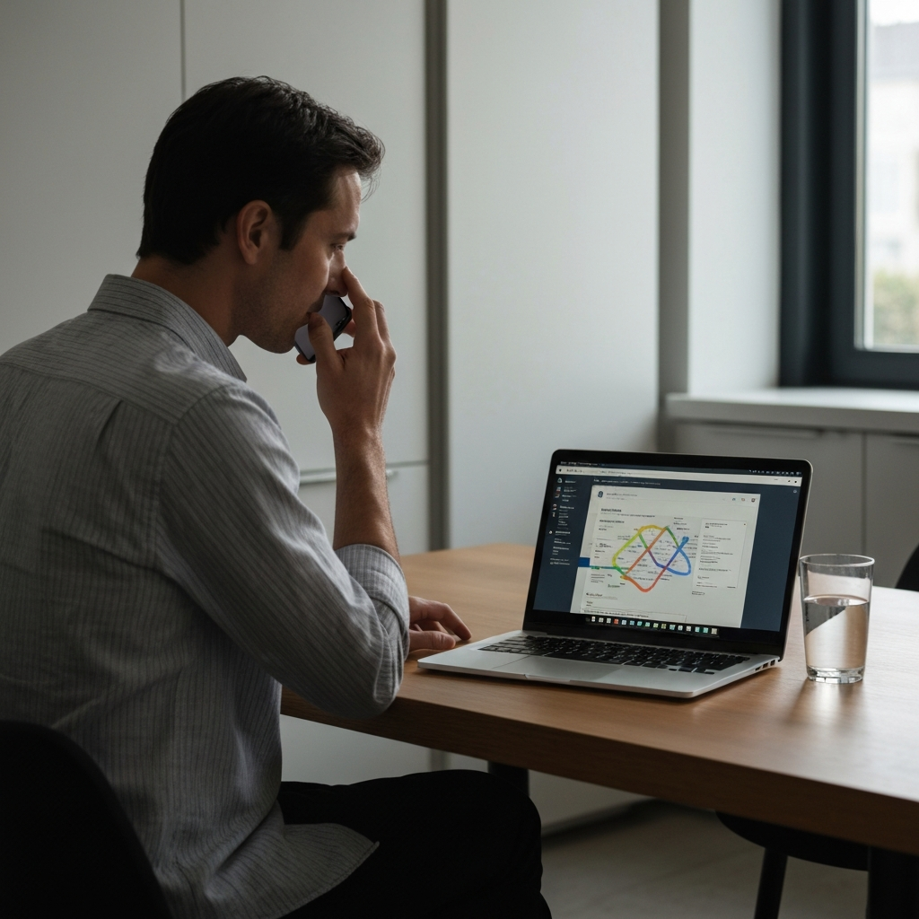 A person is sitting at a modern kitchen table, illuminated by soft natural light, speaking on a mobile phone while looking at a laptop screen displaying travel itinerary. A glass of water is placed beside the laptop.