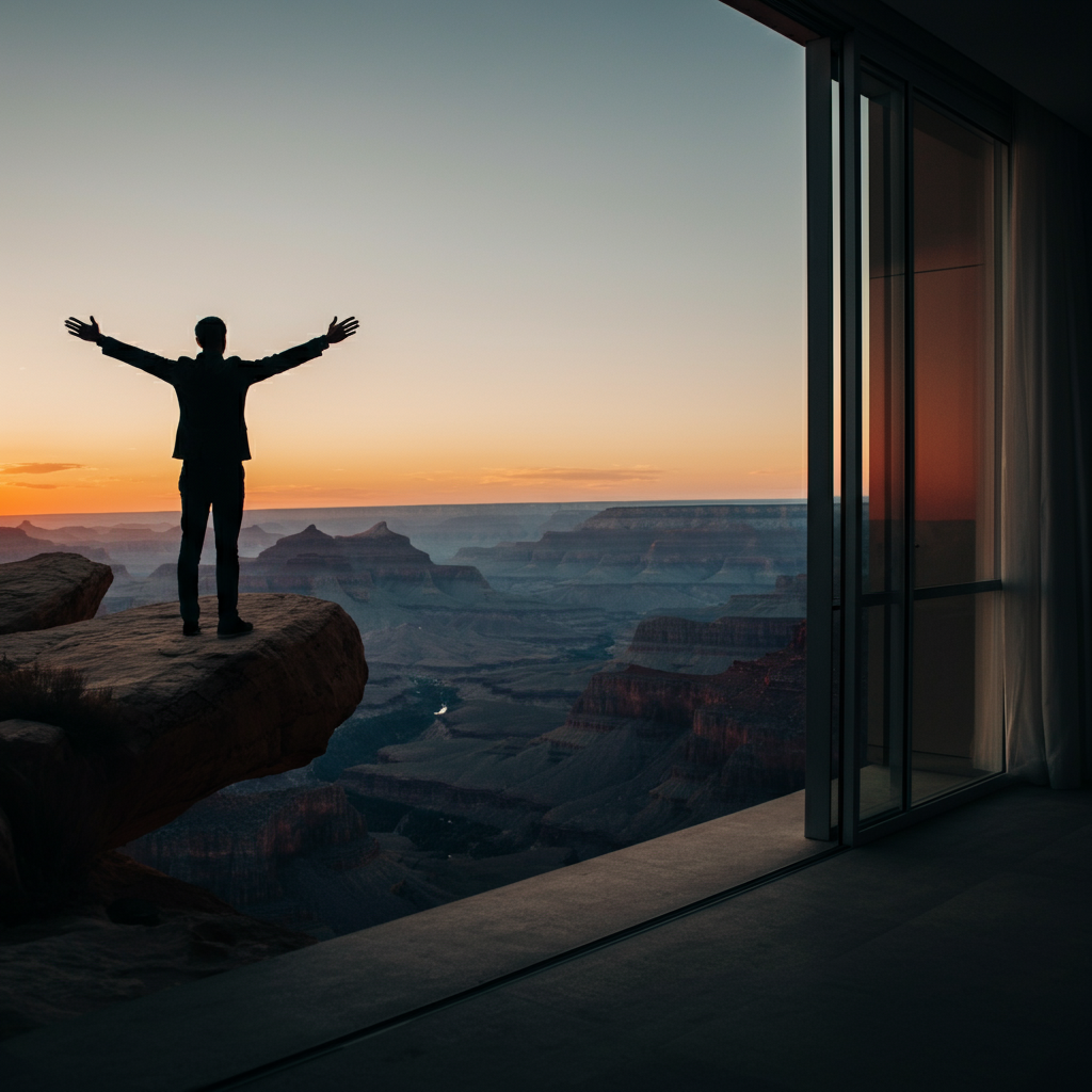 A silhouetted figure stands at the edge of a cliff overlooking a vast canyon at sunset, with arms outstretched towards the horizon. The warm colors of the setting sun fill the sky.
