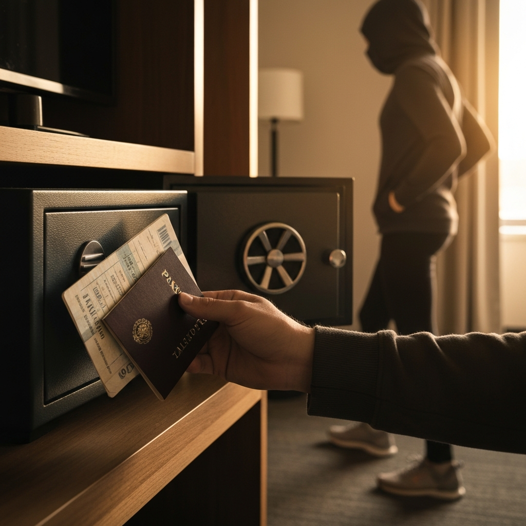 A well-lit hotel room showing a security safe being used to store a passport and other important documents. The hand inserting the documents into the safe is visible. The scene has a modern and clean aesthetic.