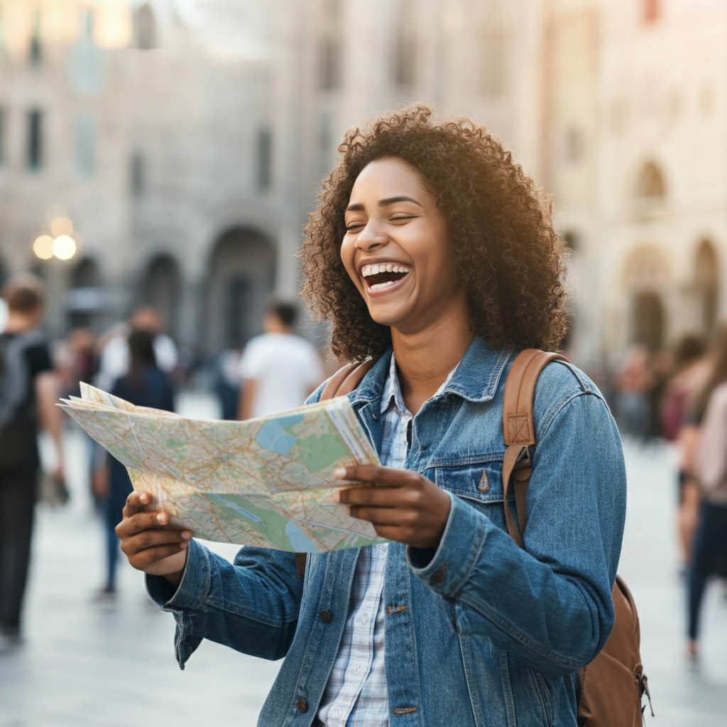 A traveler is laughing while looking at a map in a crowded city square. Soft natural light illuminates the face of the person, suggesting joy despite potential navigation challenges. The overall scene has an authentic and candid feel.