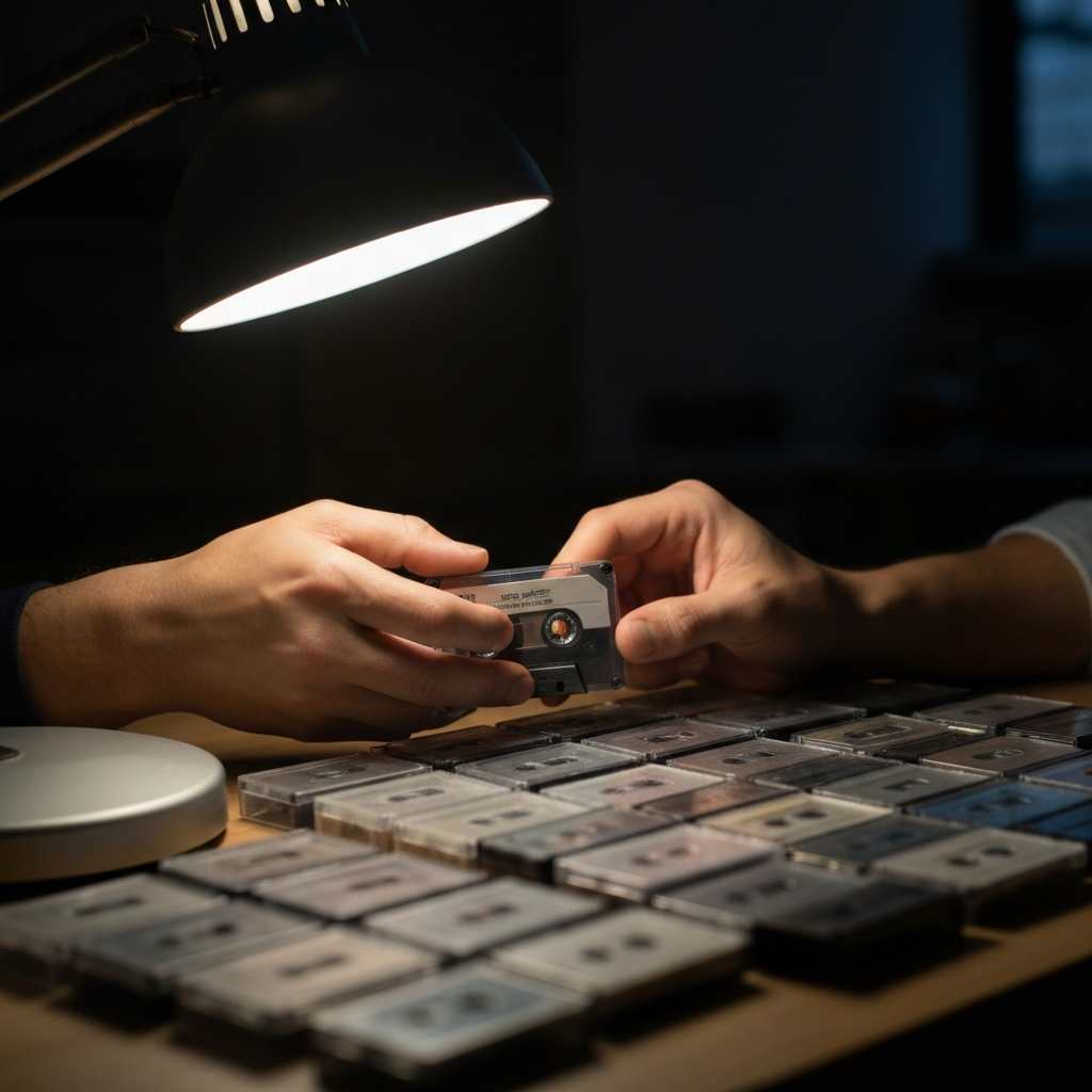 Close-up shot of hands carefully examining a cassette tape under a bright lamp. Soft focus on the background, showing a collection of neatly organized cassette cases.