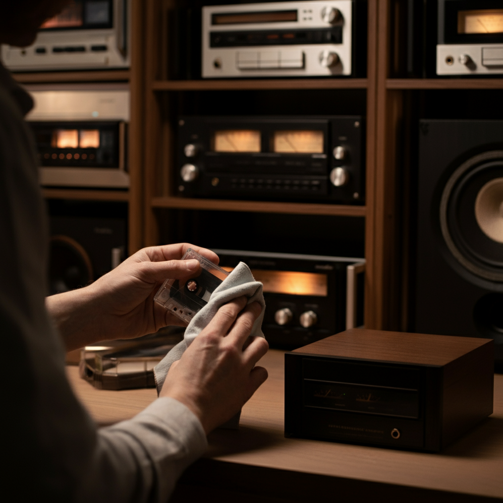 A person carefully cleaning a cassette tape case with a soft cloth. The background is a well-organized workspace with shelves full of vintage audio equipment.