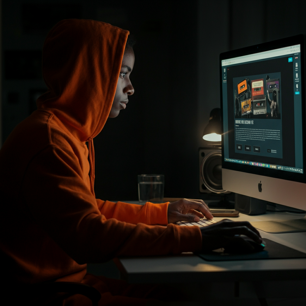 A person sitting at a desk, illuminated by a computer screen, browsing a website dedicated to selling cassette tapes. The room is dimly lit, with the glow of the screen highlighting their focused expression.