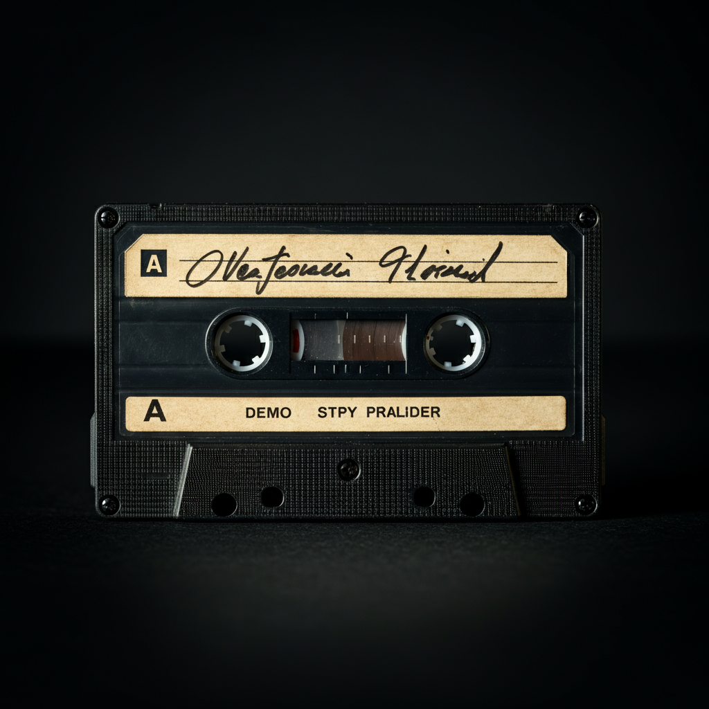 A close-up shot of a rare cassette tape, possibly a demo or promotional copy, with a handwritten label. The lighting is dramatic, emphasizing the tape's unique features.