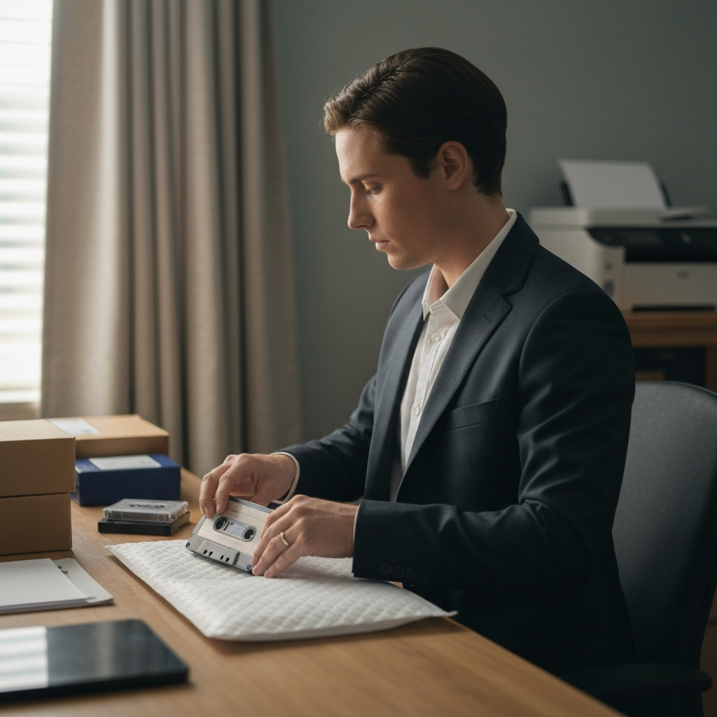 A person carefully packaging a cassette tape for shipping, placing it in a padded envelope. The background is a home office with shipping supplies and a printer.