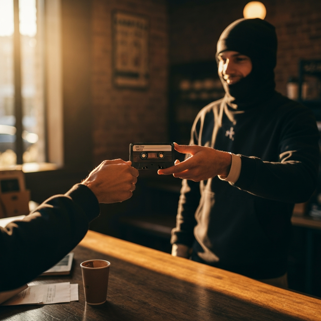 A person is handing off a cassette tape to another person in a public location, like a coffee shop. The atmosphere is friendly and casual.