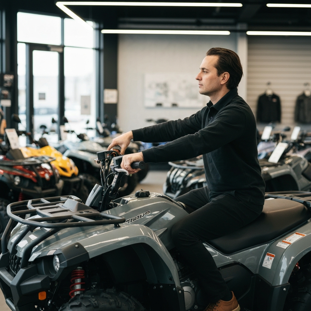 A side-lit shot of a person sitting comfortably on an ATV in a dealership, reaching handlebars with ease. Soft focus on the background of other ATVs.