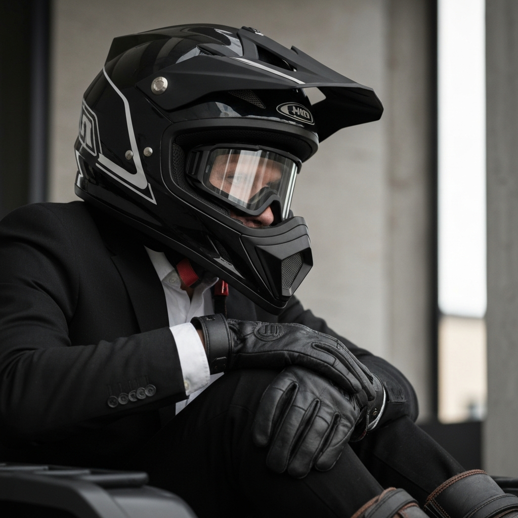 Close-up shot of ATV riding gear: a DOT-approved helmet with a reflective surface, leather gloves, sturdy ankle-supporting boots, and protective goggles. Natural lighting highlighting the textures of the materials.