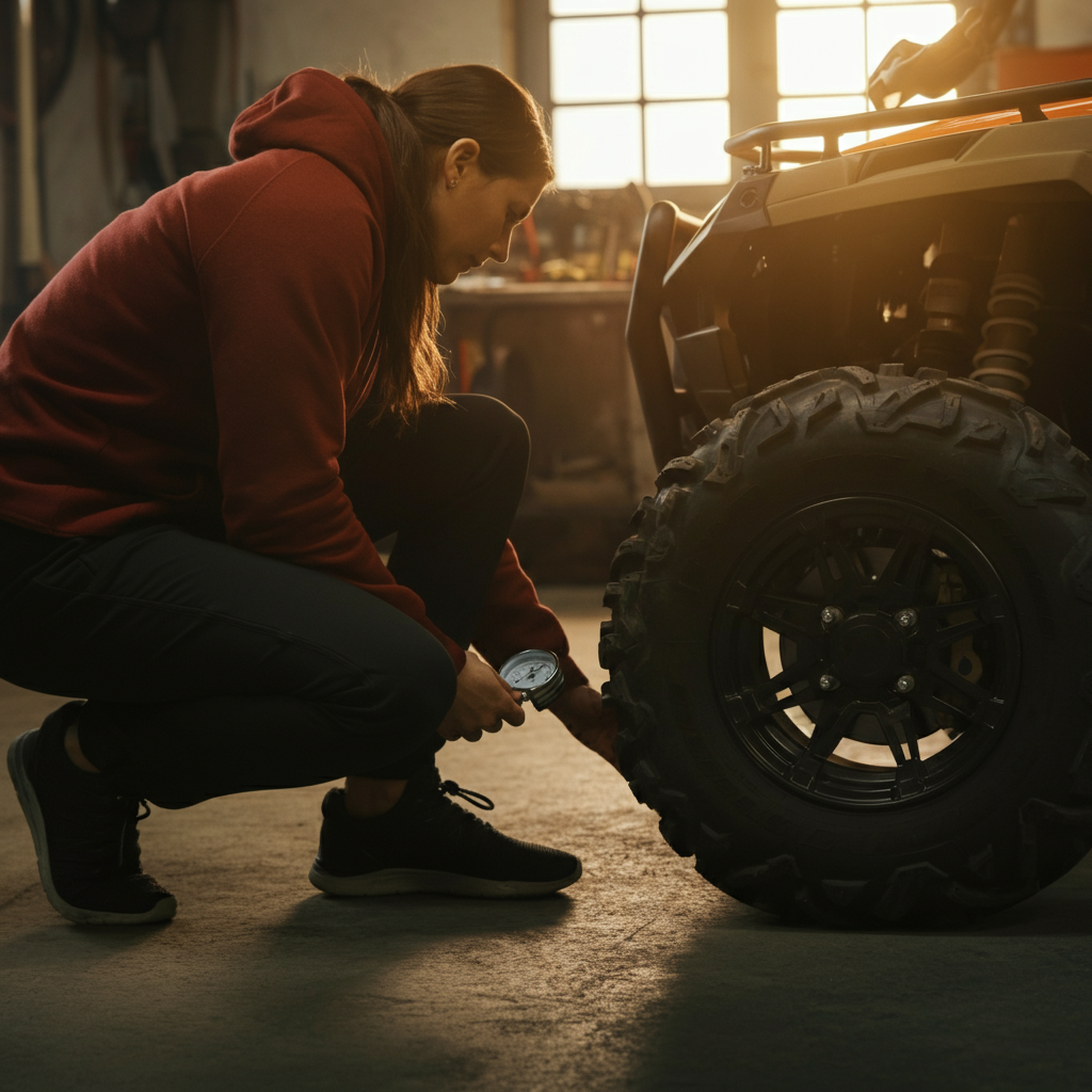 A person checking the tire pressure of an ATV with a tire pressure gauge, kneeling next to the vehicle. Soft bokeh on the surrounding garage environment.