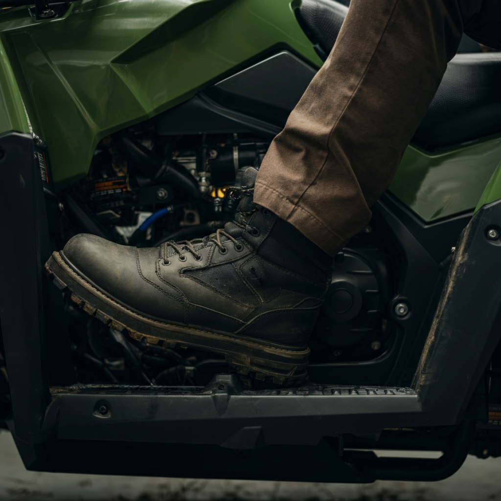 Close-up of the left foot operating the gear shift lever on an ATV. Side-lit textures of the boot and the ATV frame.