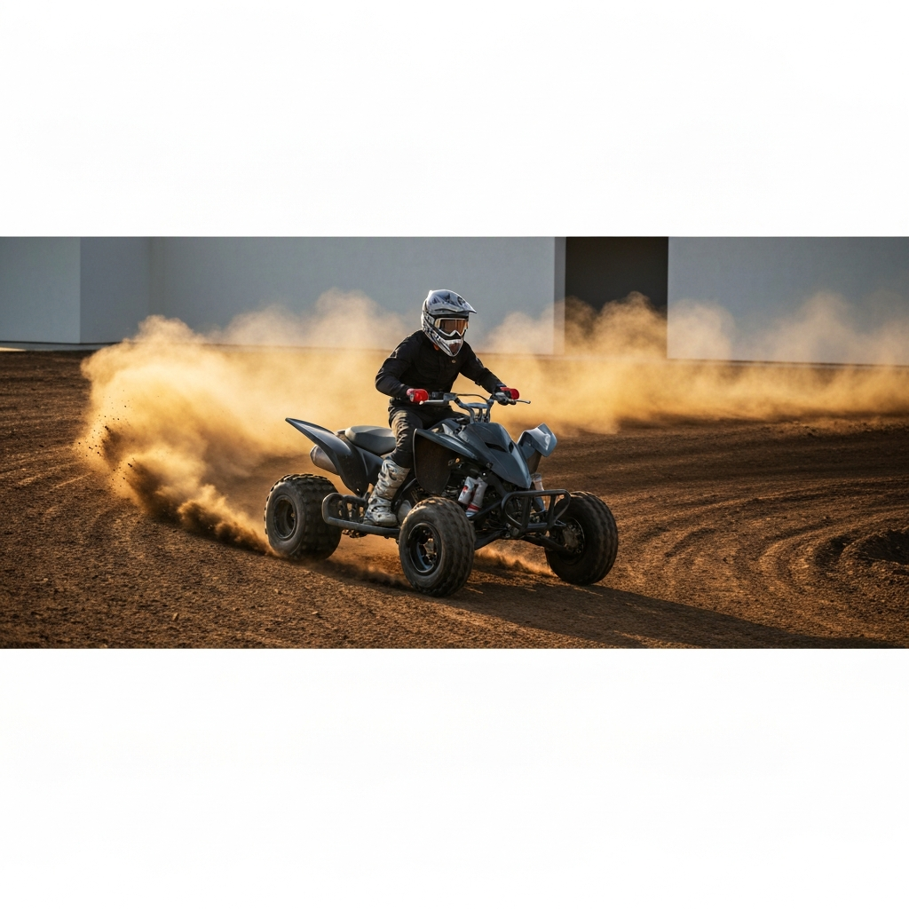An ATV turning on a dirt track, with the rider leaning slightly into the turn. Golden hour lighting creating long shadows and highlighting the dust kicked up by the tires.