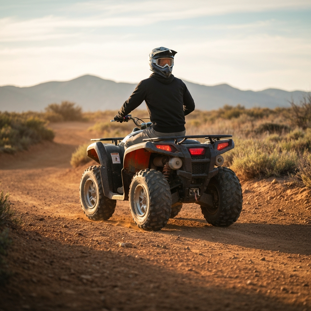 Wide shot of an ATV traversing a dirt trail with varied terrain. The rider is looking ahead, scanning the path. Soft focus on the distant mountains.